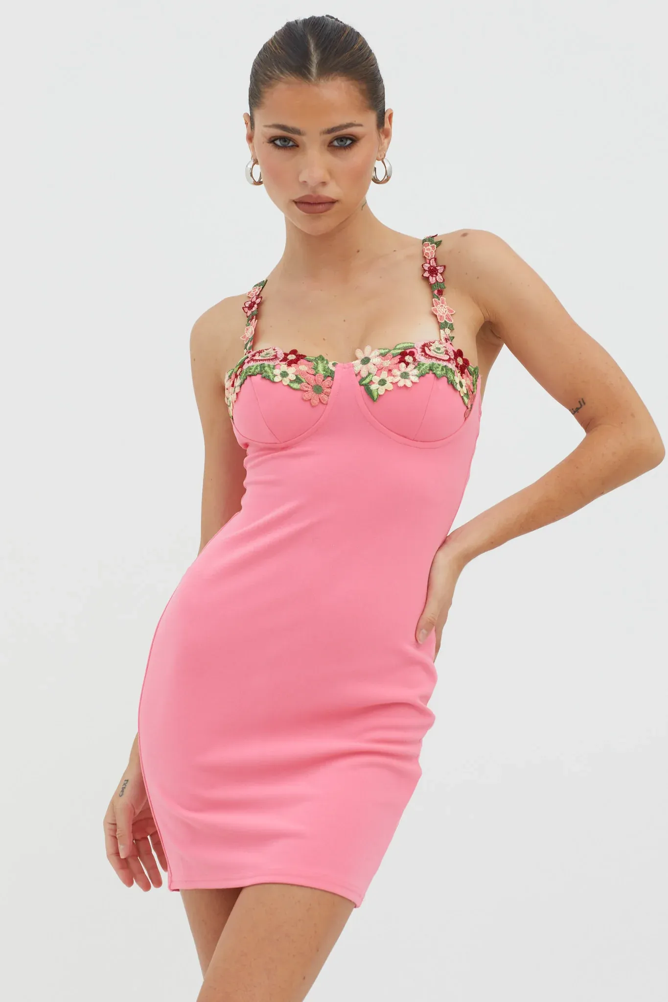 Rose Garden Floral Applique Bodycon Mini Dress Hot Pink
