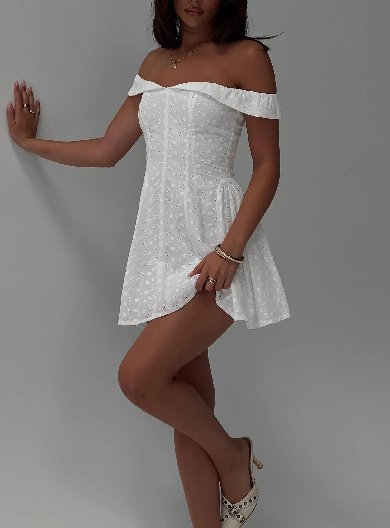 Rosebud Broiderie Off The Shoulder Mini Dress White