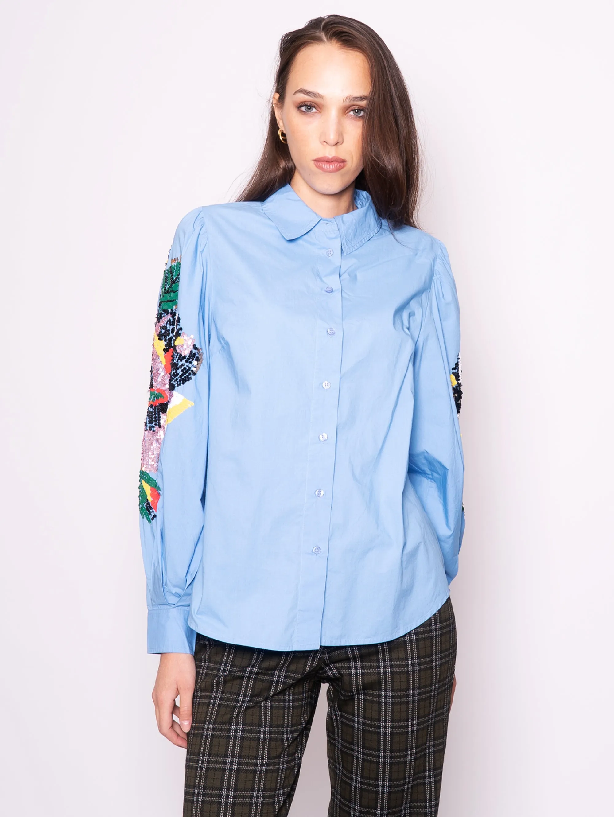 Shirt with Blue Embroidered Sleeves