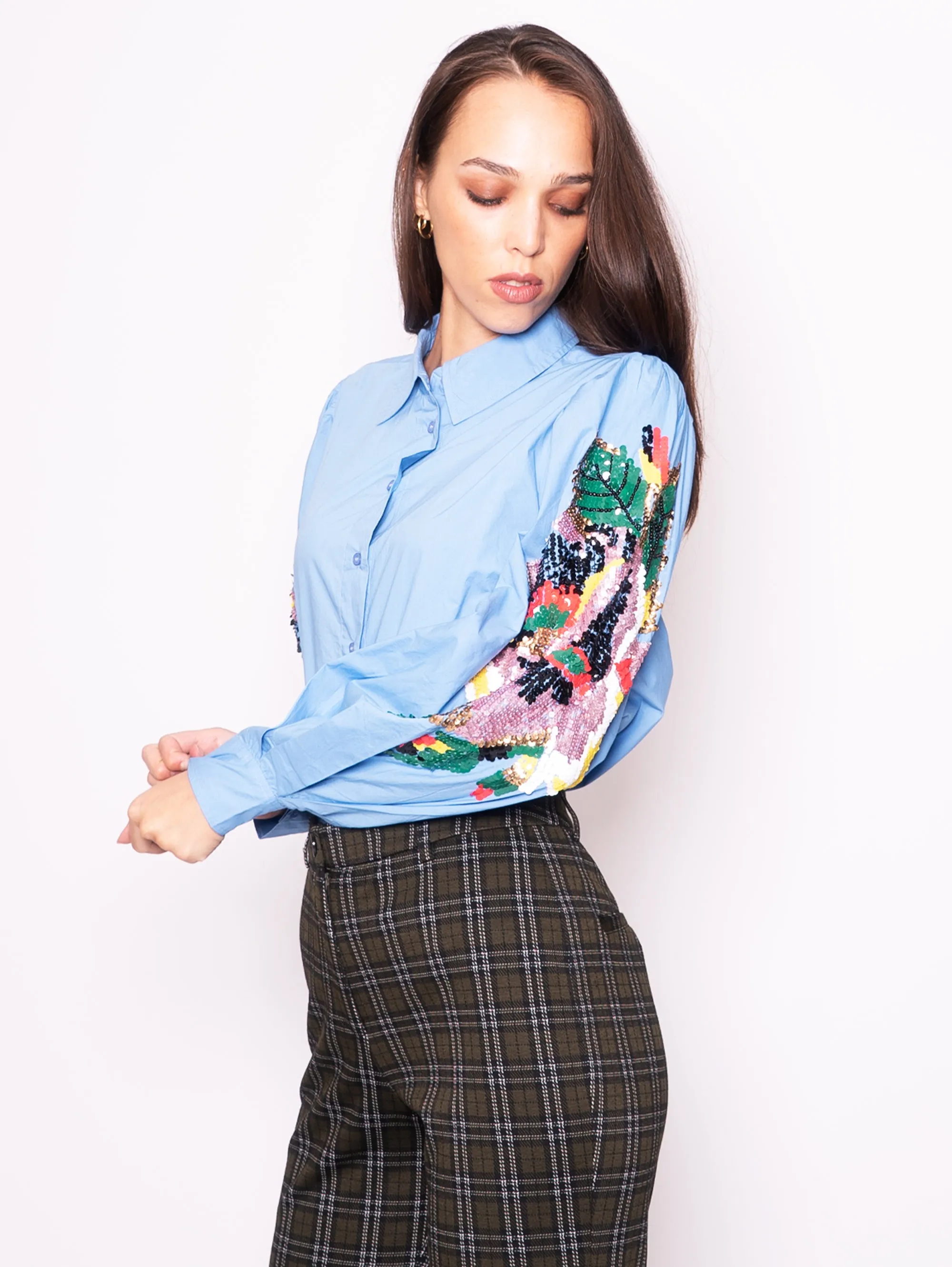 Shirt with Blue Embroidered Sleeves
