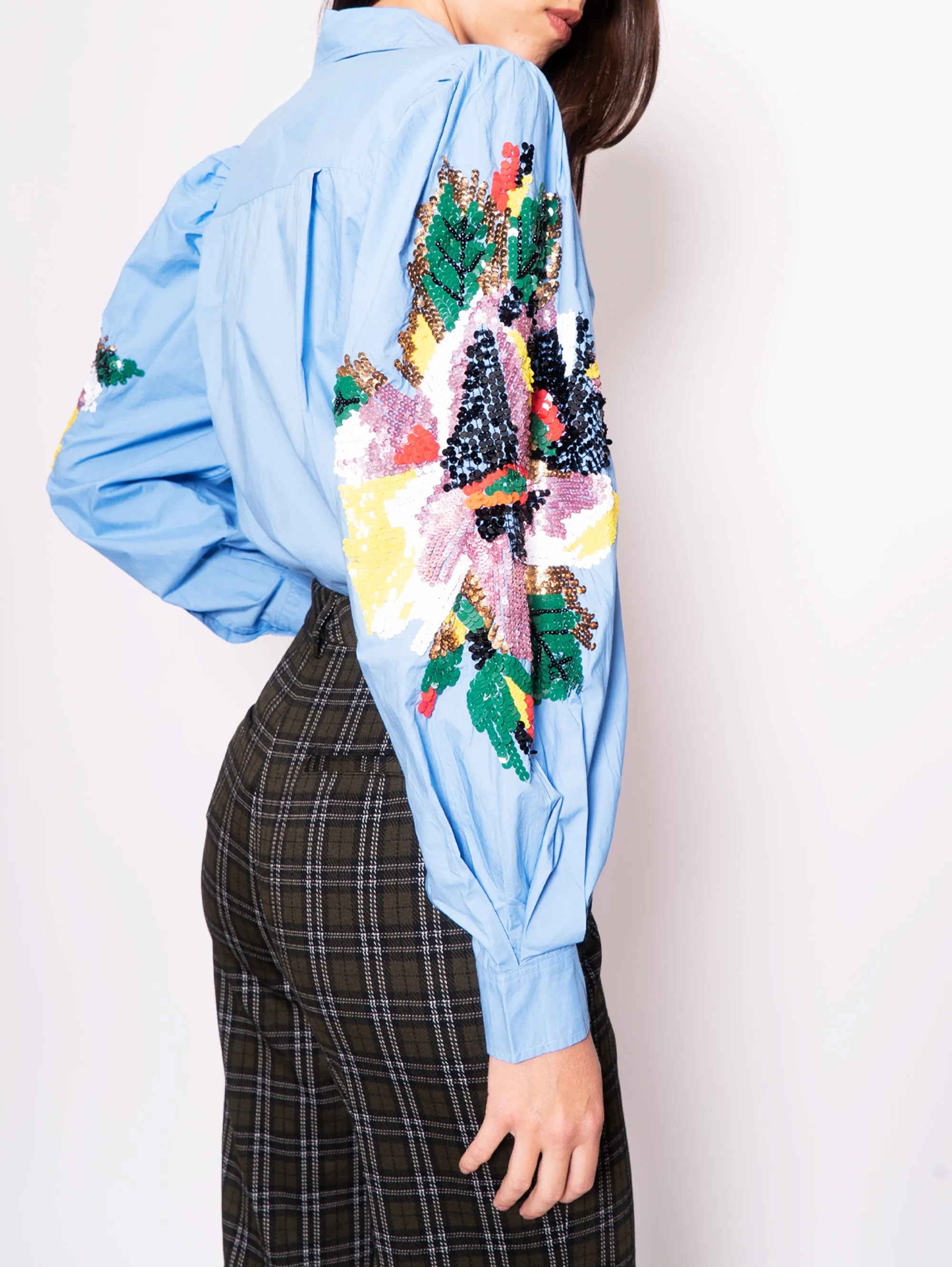 Shirt with Blue Embroidered Sleeves