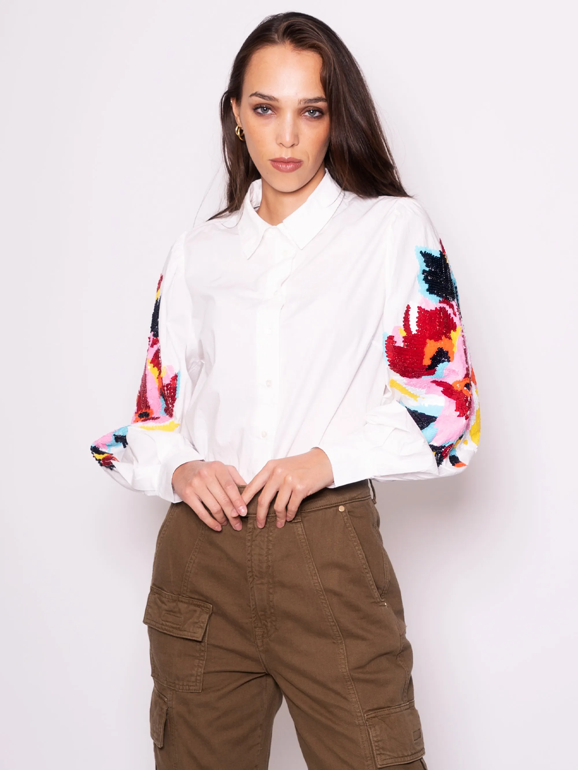 Shirt with White Embroidered Sleeves