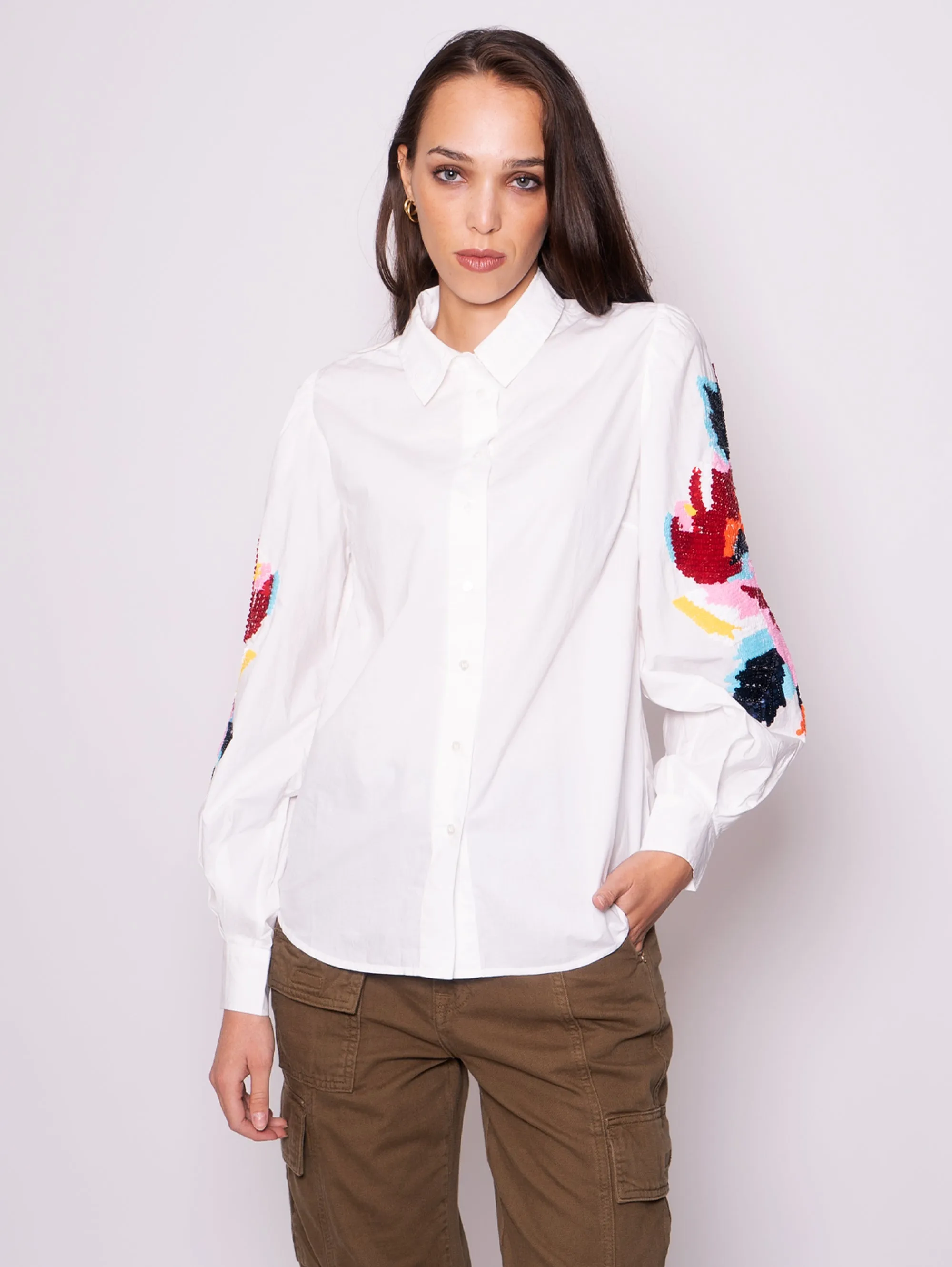 Shirt with White Embroidered Sleeves