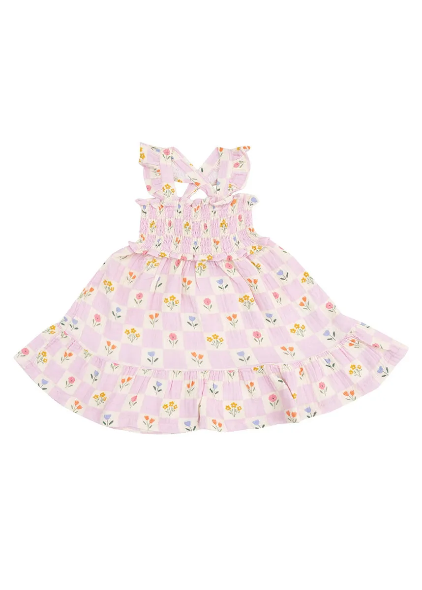Smocked Ruffle Sundress - Pink Floral Check