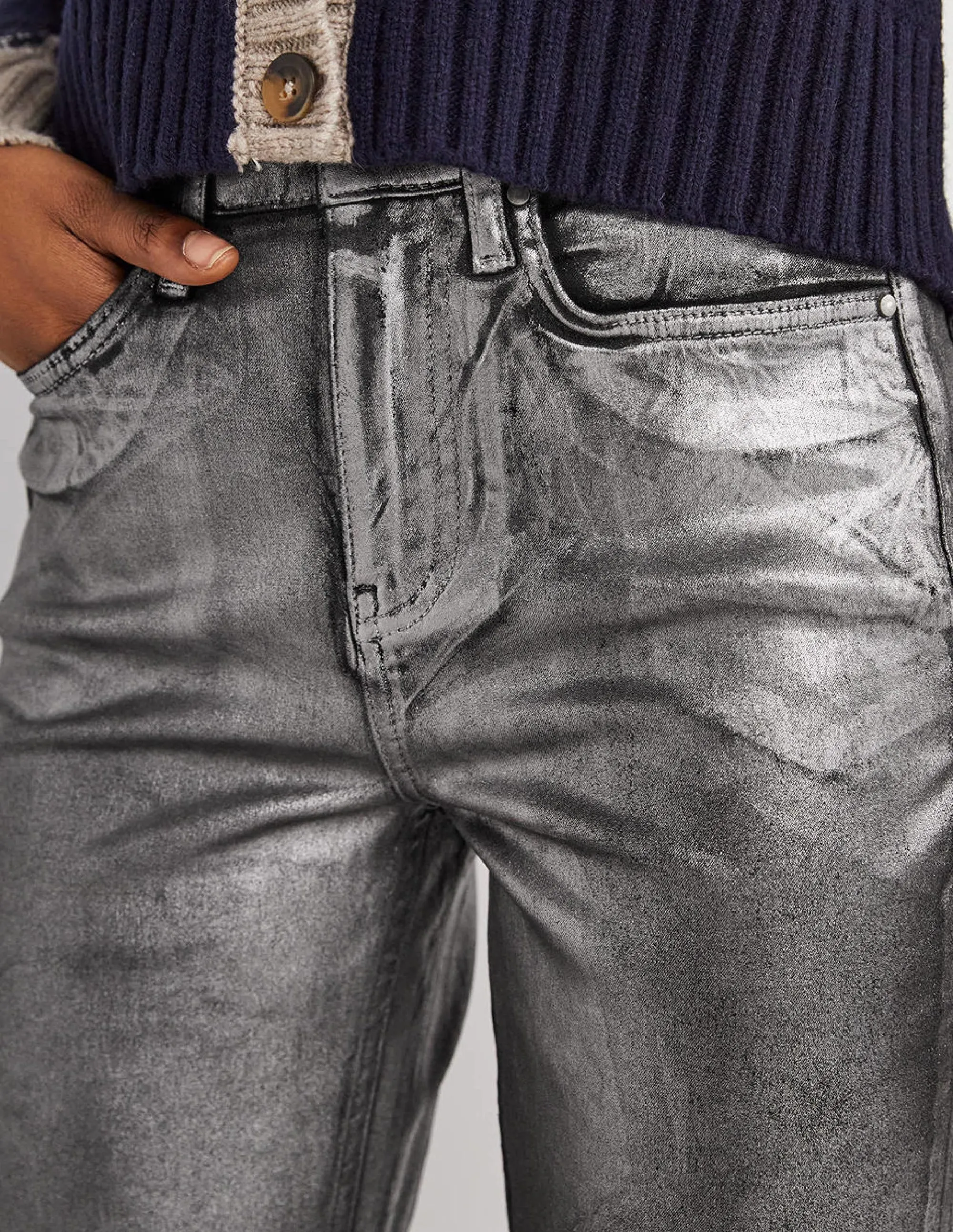 Straight Leg Metallic Trousers-Party Gunmetal Metallic
