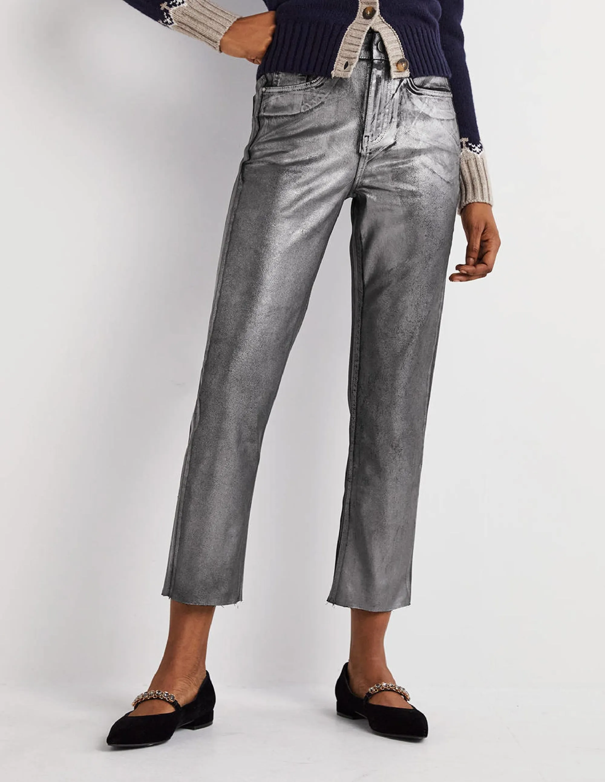Straight Leg Metallic Trousers-Party Gunmetal Metallic