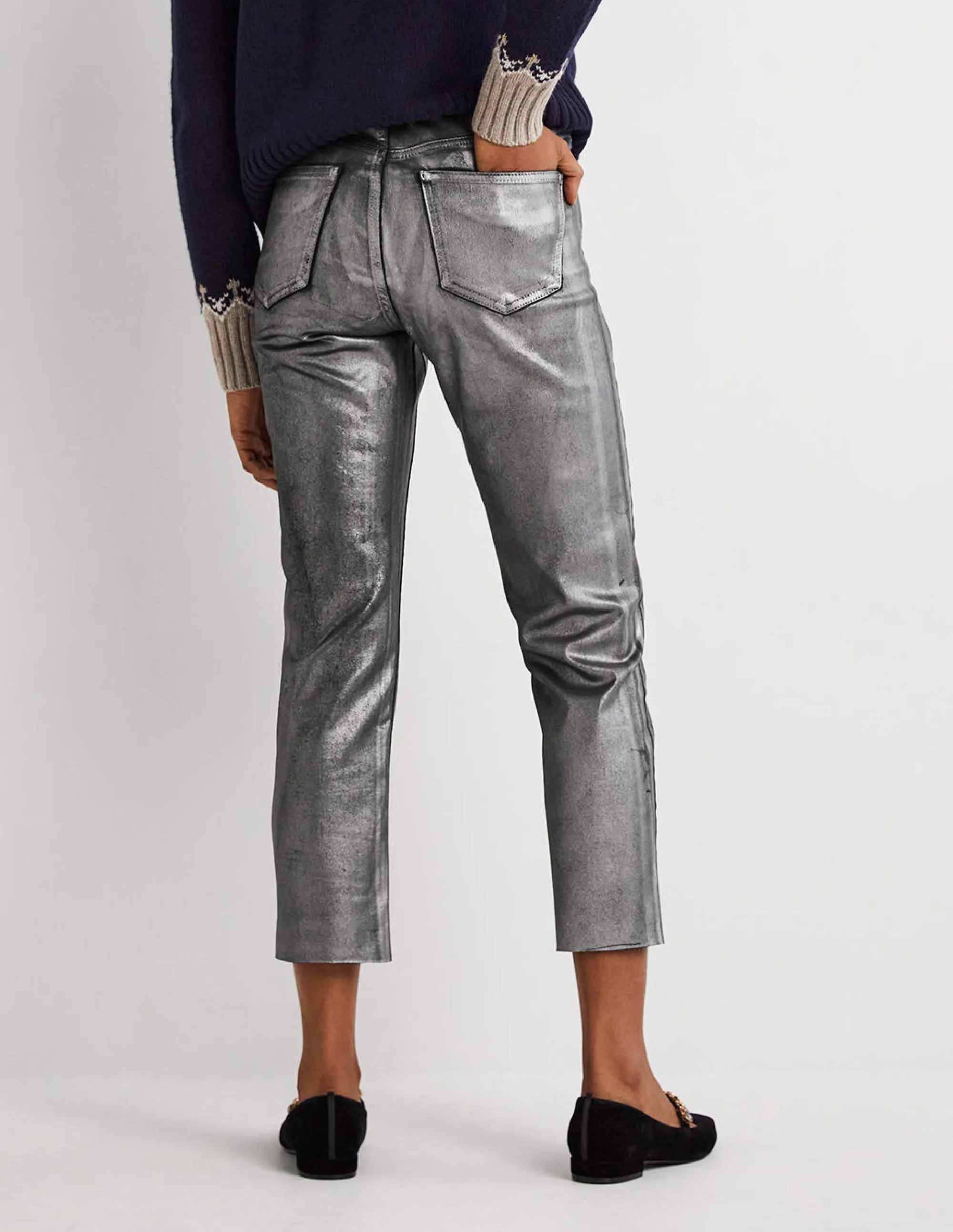 Straight Leg Metallic Trousers-Party Gunmetal Metallic