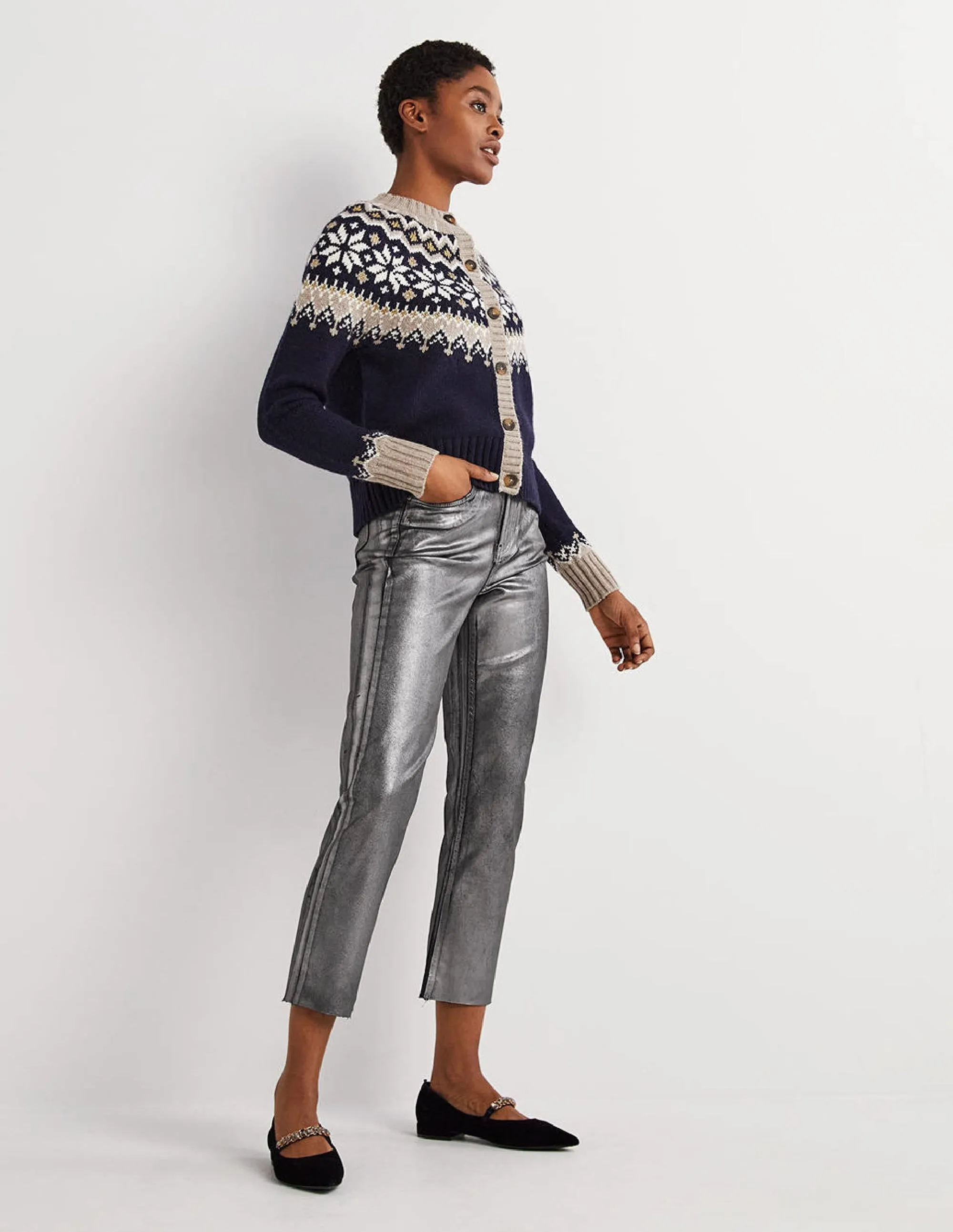 Straight Leg Metallic Trousers-Party Gunmetal Metallic