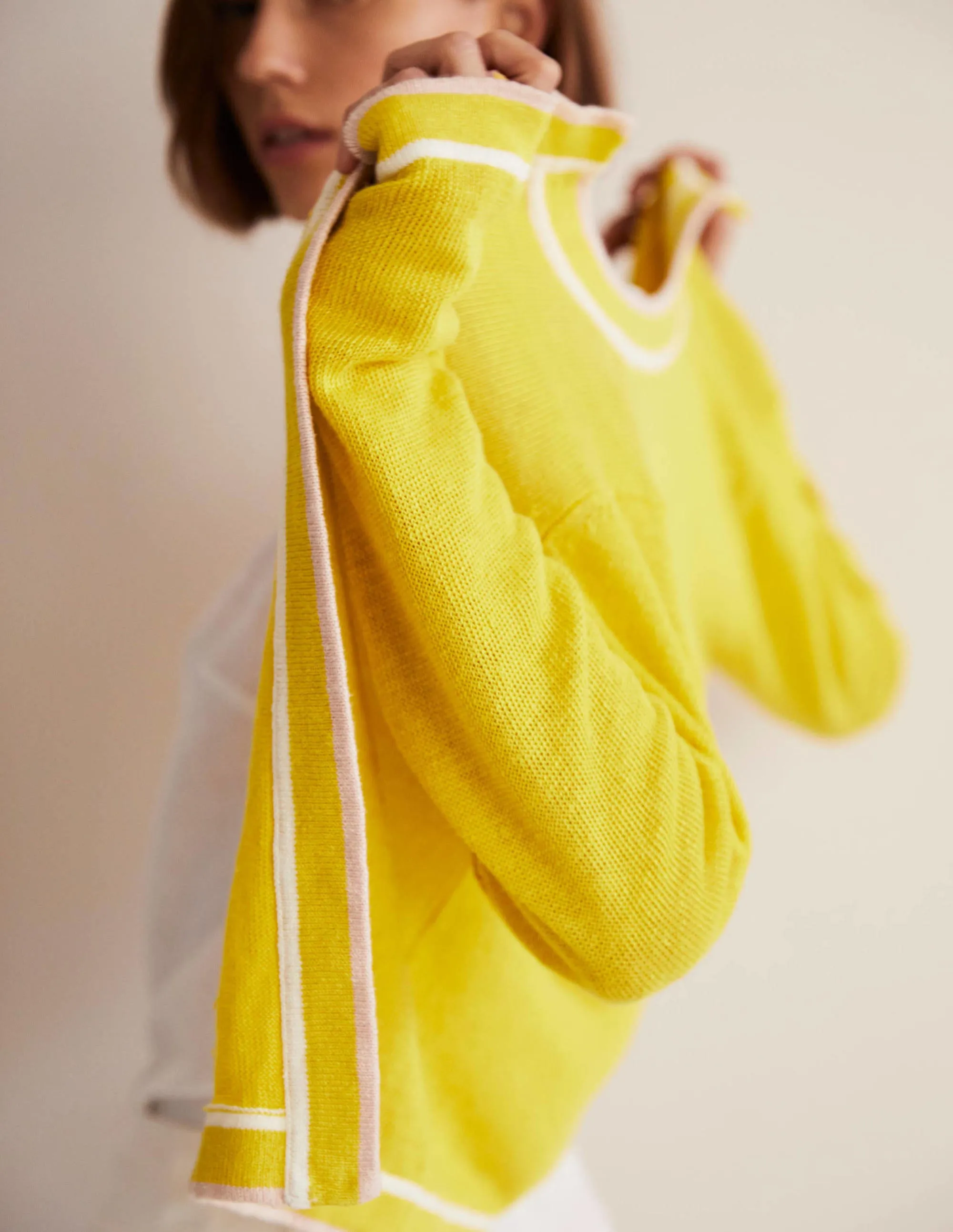 Stripe Trim Linen Cardigan-Lemon Fizz