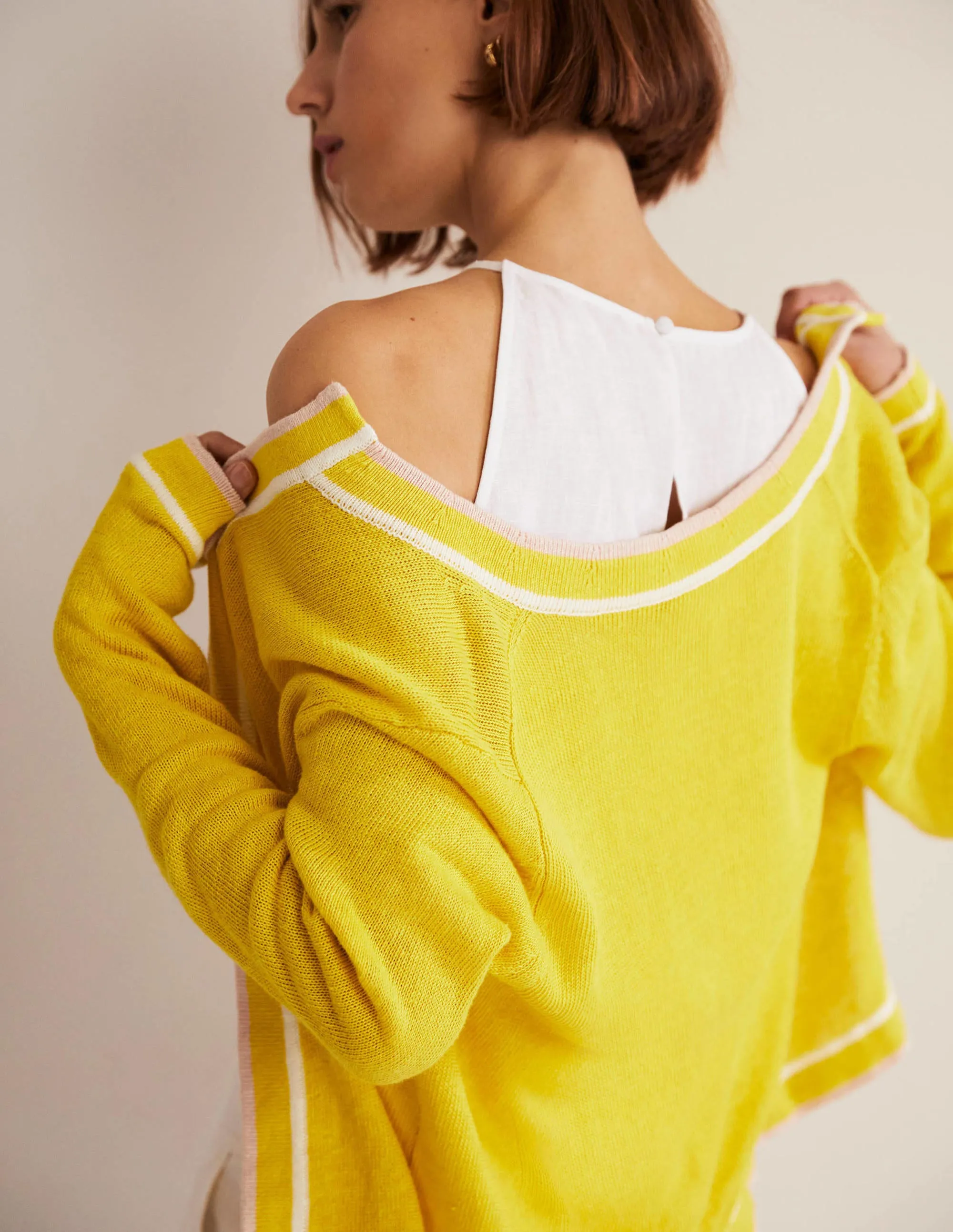 Stripe Trim Linen Cardigan-Lemon Fizz