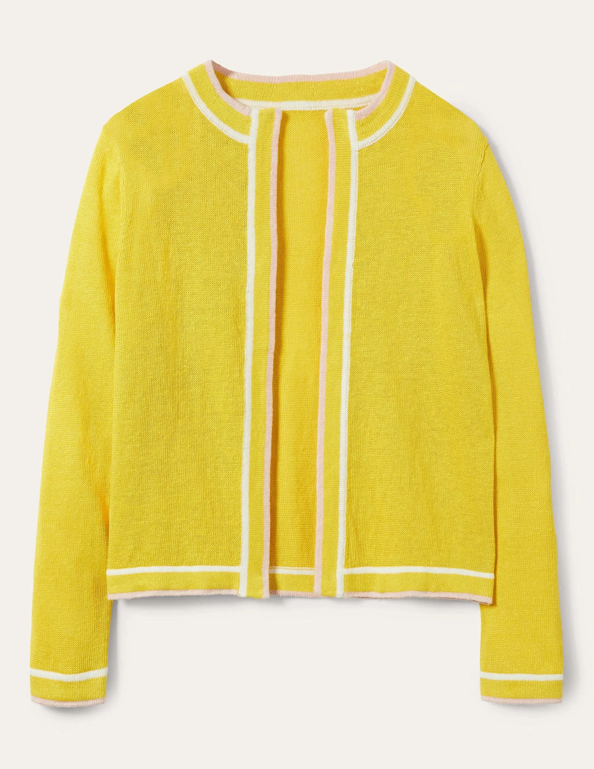 Stripe Trim Linen Cardigan-Lemon Fizz