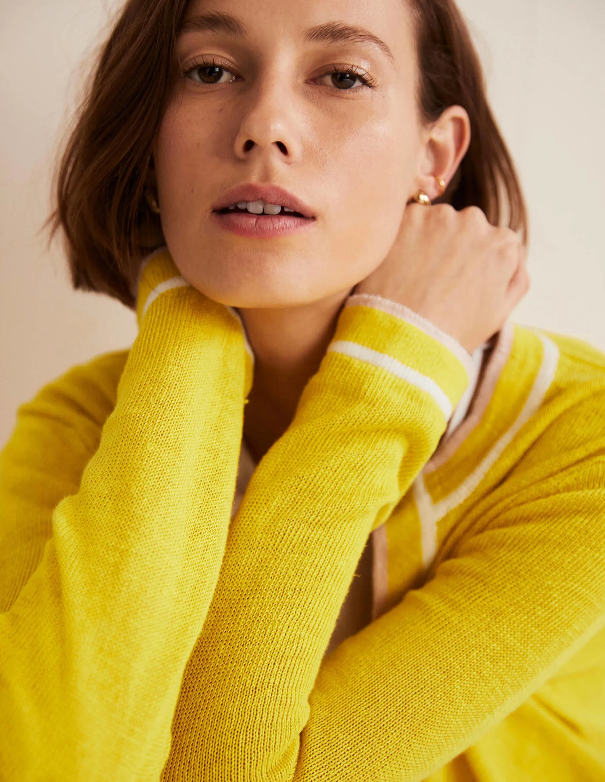 Stripe Trim Linen Cardigan-Lemon Fizz