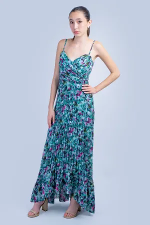 Teal Garden Pleated Strapless Gown