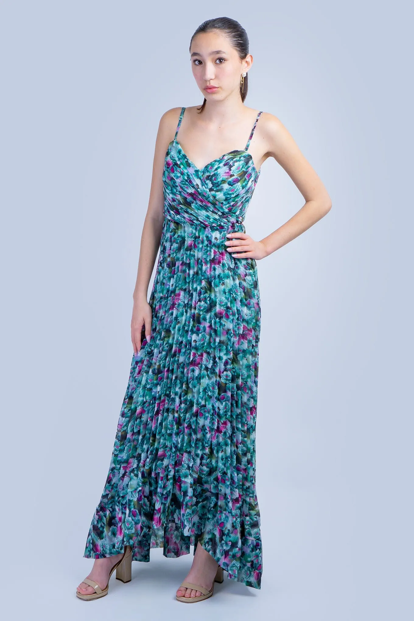 Teal Garden Pleated Strapless Gown