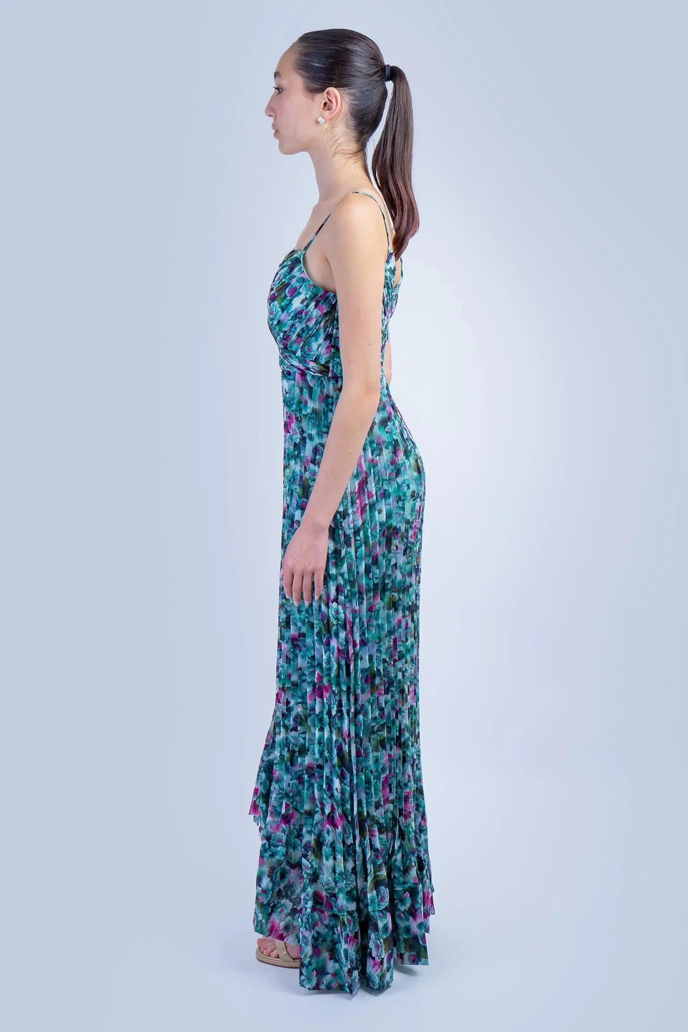 Teal Garden Pleated Strapless Gown