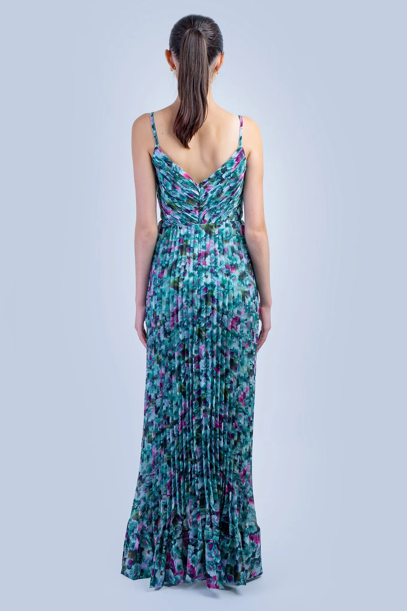 Teal Garden Pleated Strapless Gown