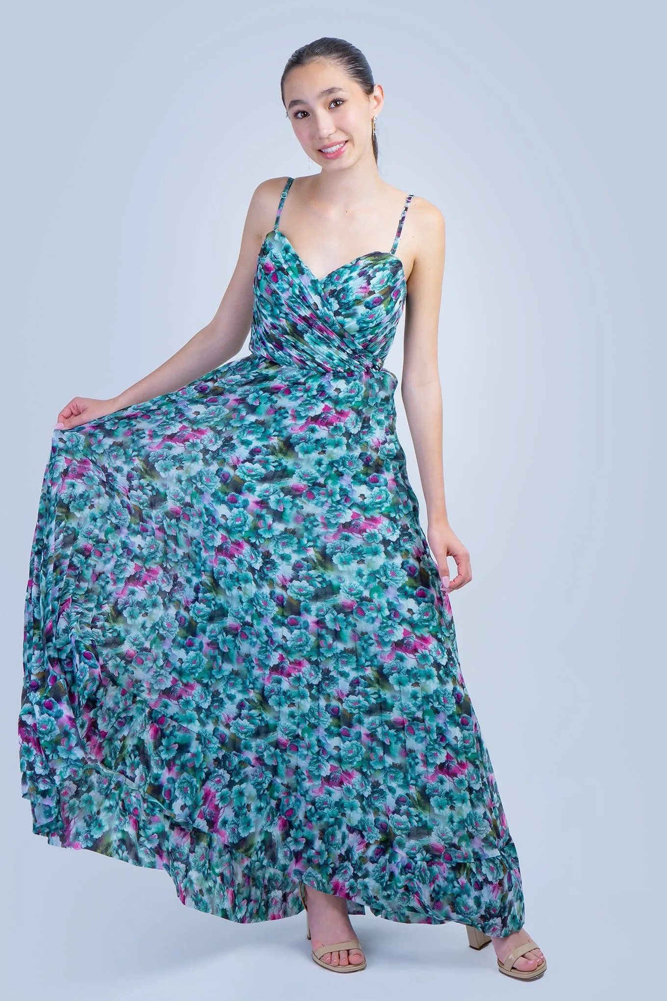 Teal Garden Pleated Strapless Gown
