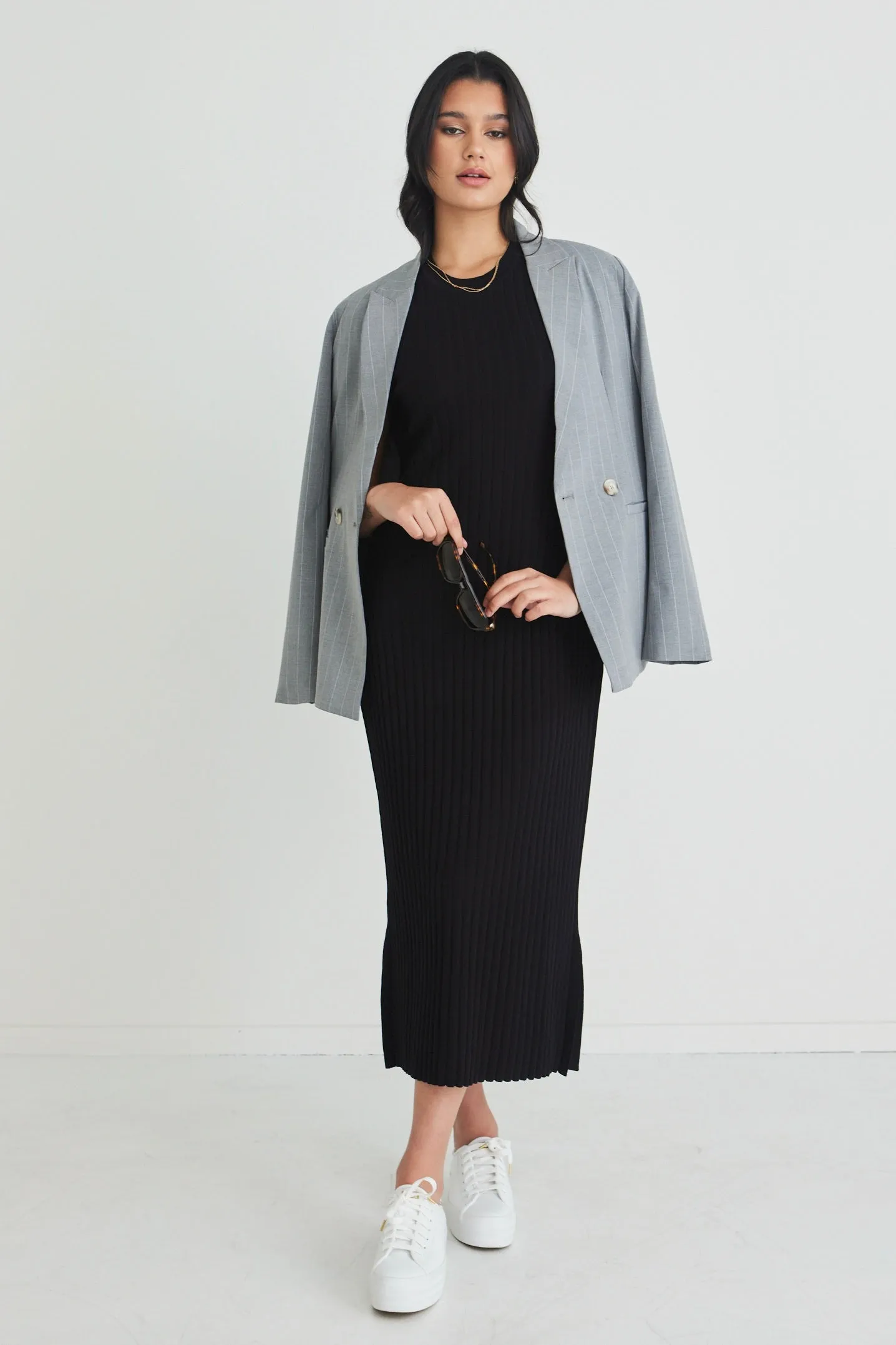 Theory Black Rib Knit Tank Midi Dress