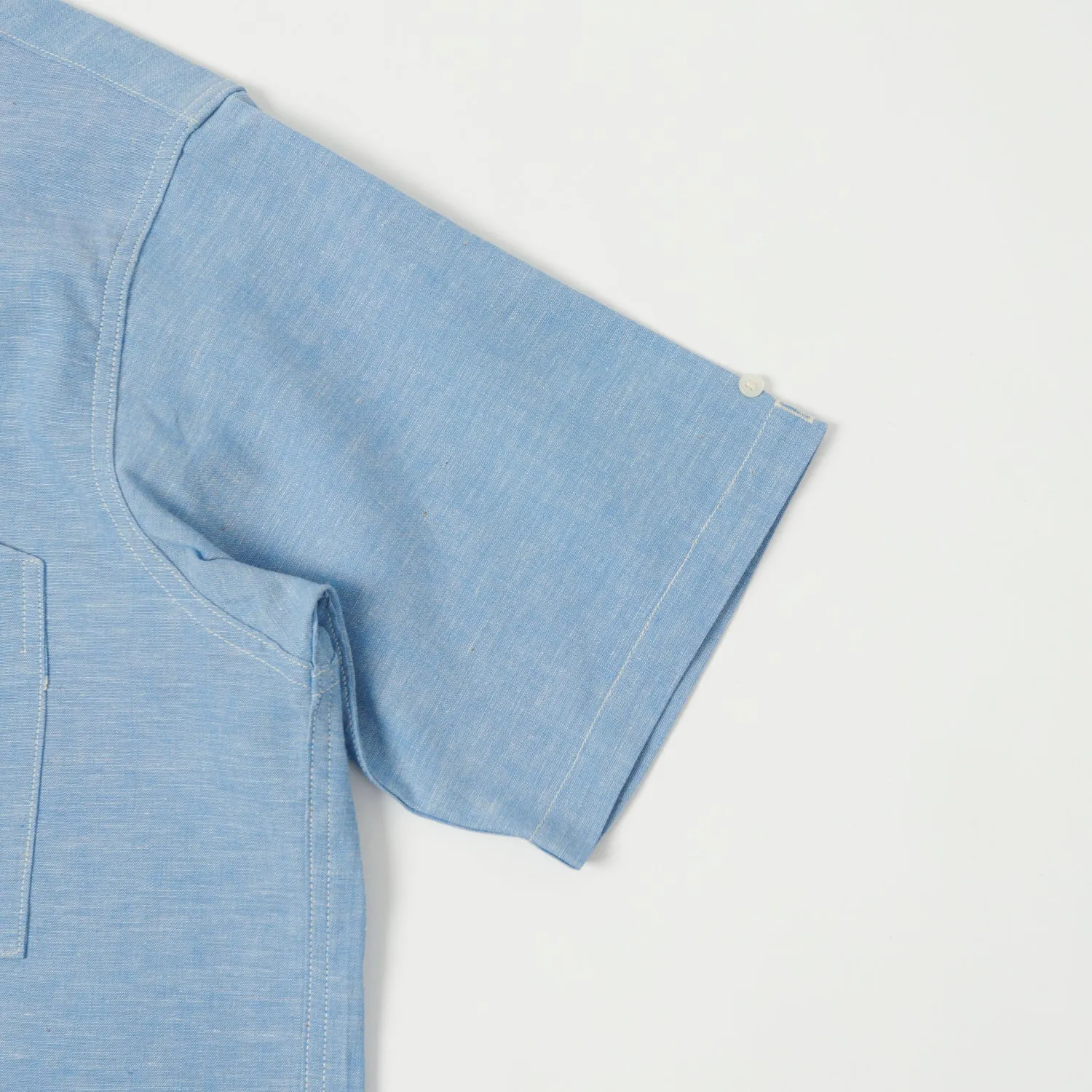 Warehouse & Co 3091 S/S Open Collar Shirt - Cheese Chambray Sax
