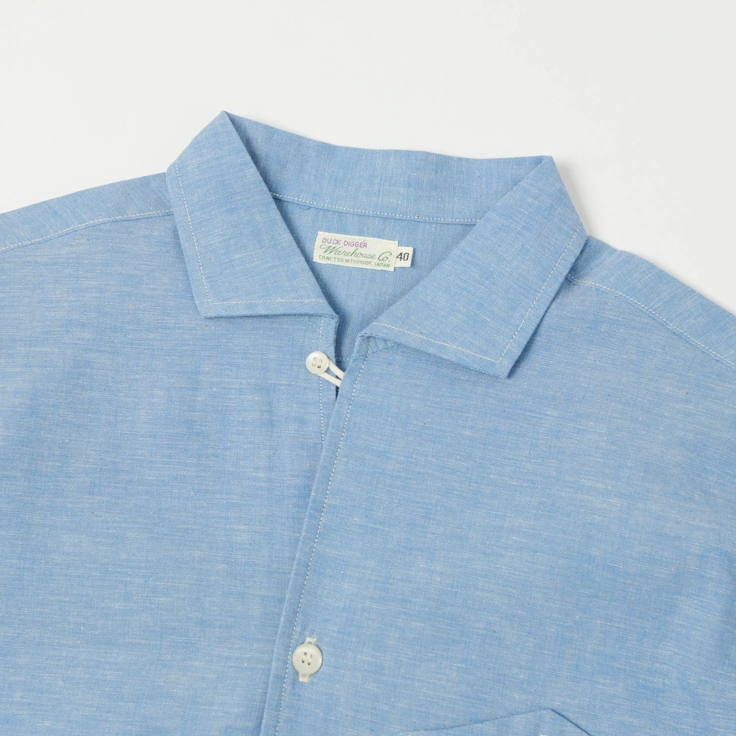 Warehouse & Co 3091 S/S Open Collar Shirt - Cheese Chambray Sax