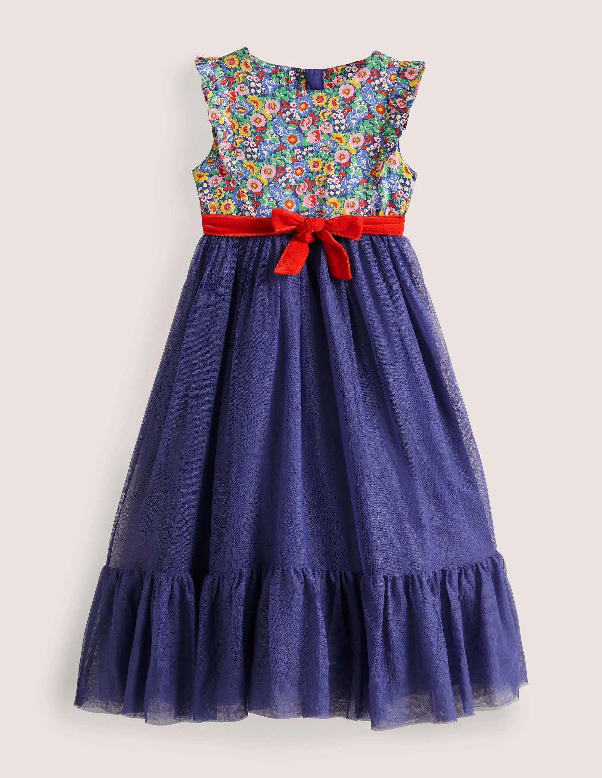 Woven Tulle Party Dress-Navy Multi Floral