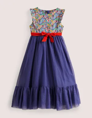 Woven Tulle Party Dress-Navy Multi Floral