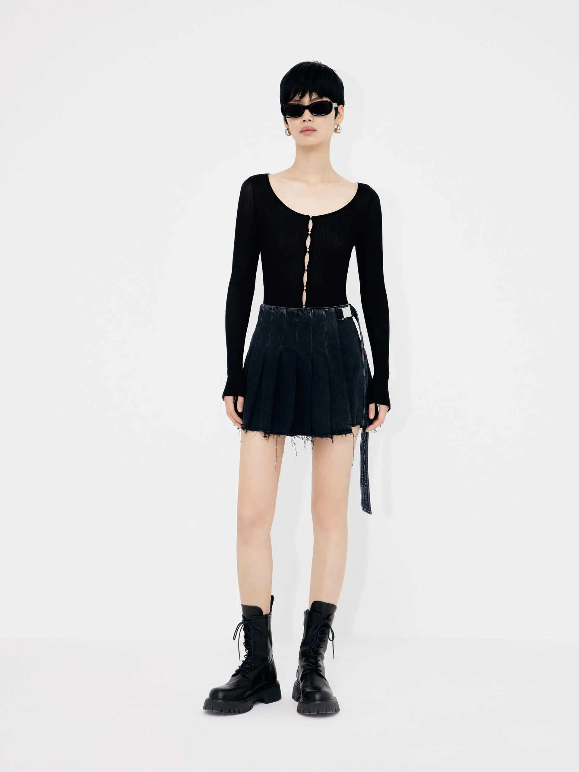 Wrap Detail Pleated Denim Shorts